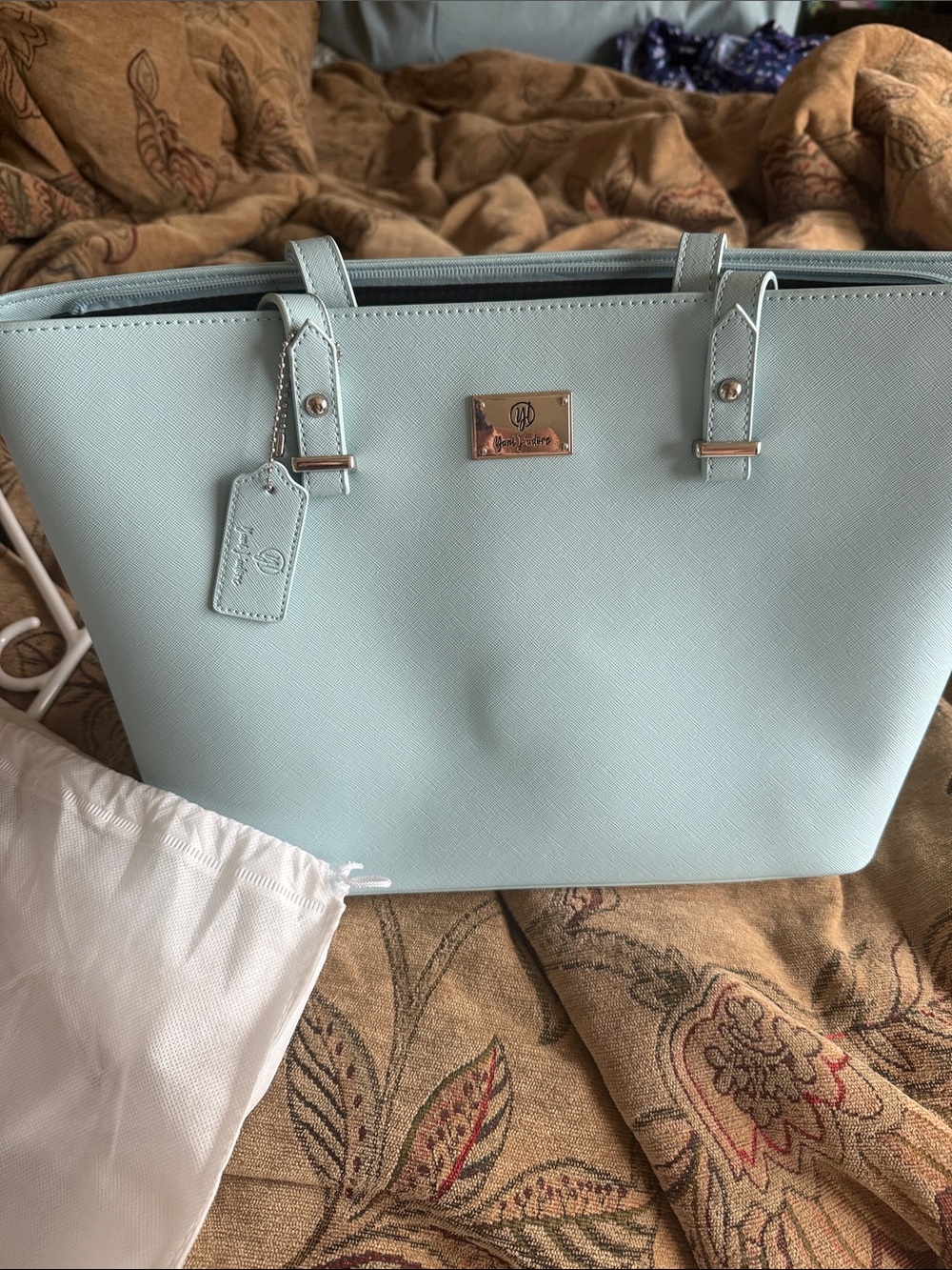 Light Blue Tote Bag with Gold Hardware - Women's Handbag